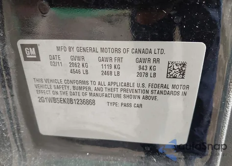 2011 Chevrolet Impala Lt from USA, damaged, VIN 2G1WB5EK0B1236868